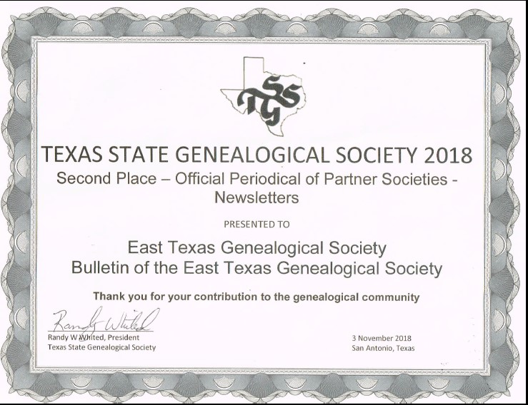 2018 TSGS Newsletter 2nd place